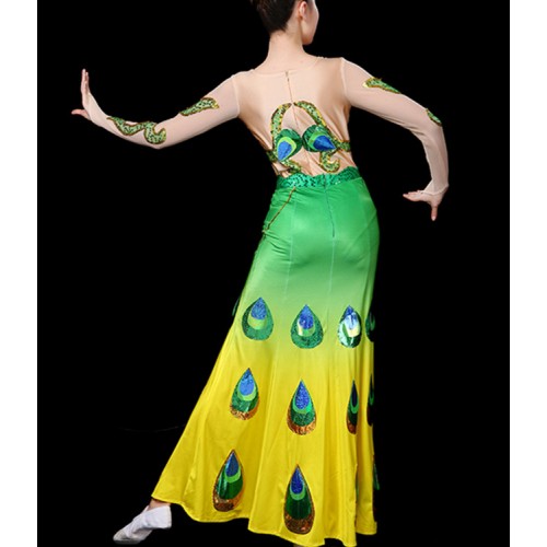 Women's yellow with green chinese folk dance costumes modern dance peacock stage performance mermaid dresses costumes